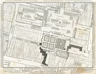 Plan des Bedford House und Gartens in Covent Garden, um 1690 gezeichnet, mit späteren Anmerkungen